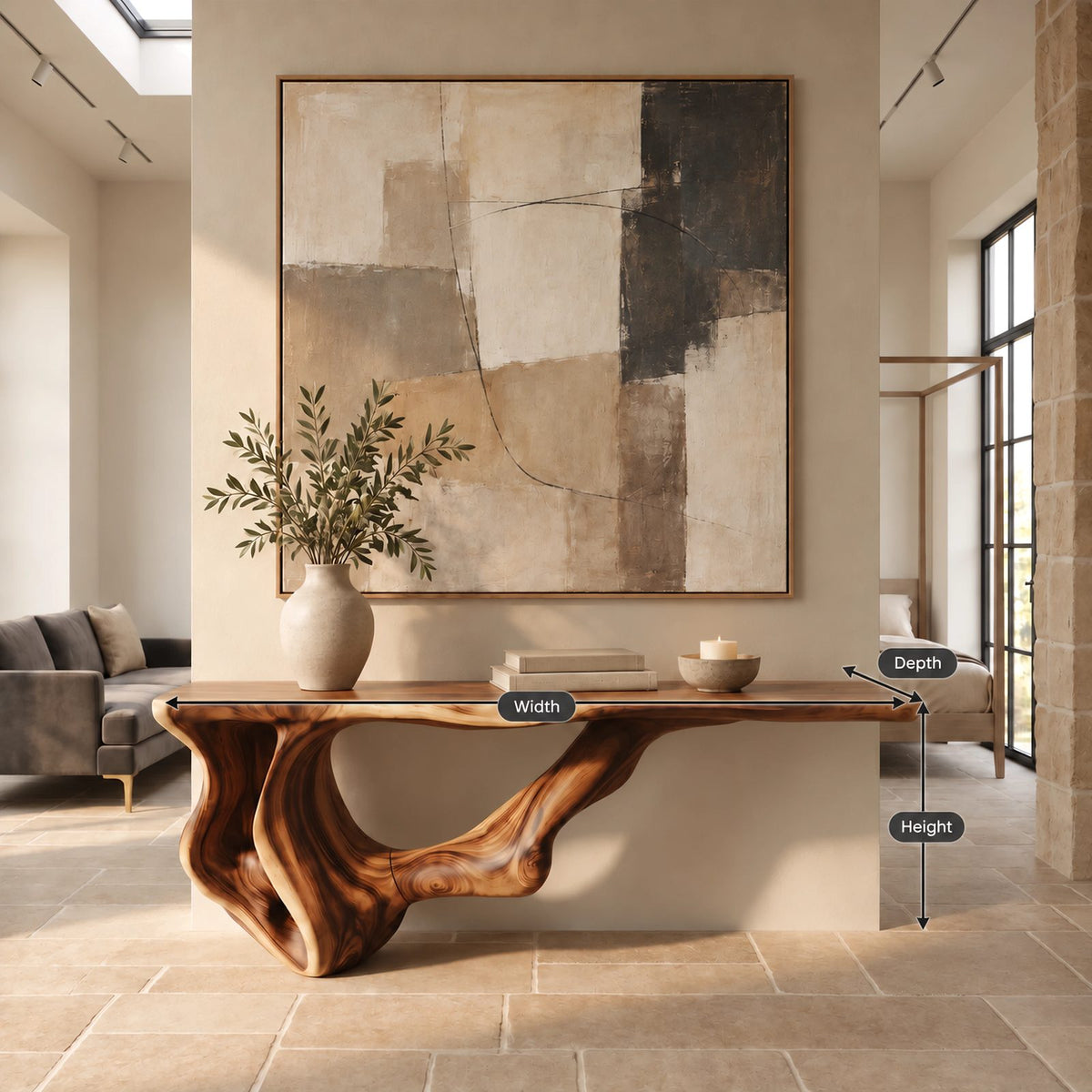 Modern Live Edge Console Table With Sculpted Root Base For Entryway