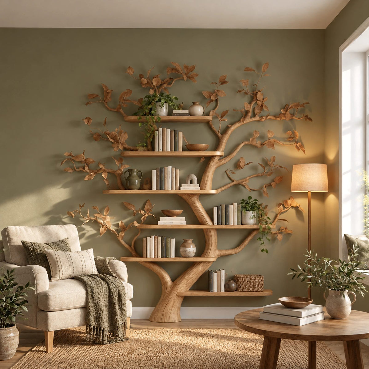 Rustic Tree Wall Mounted Bookshelf With Branch Shelves For Living Room