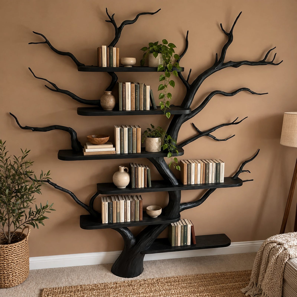 Rustic Tree Wall Mounted Bookshelf With Branch Shelves For Living Room