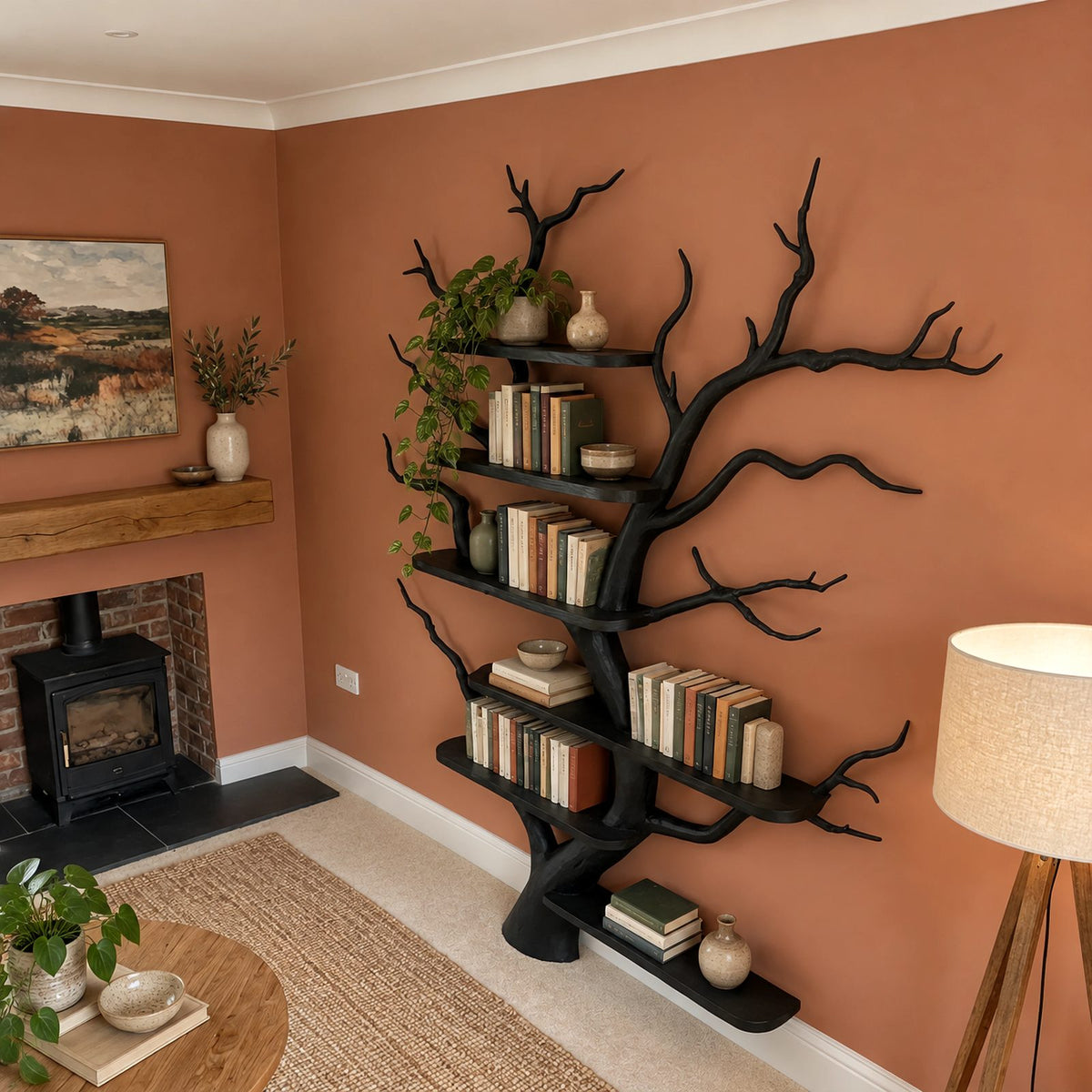 Rustic Tree Wall Mounted Bookshelf With Branch Shelves For Living Room