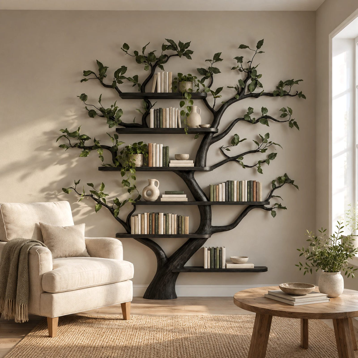 Rustic Tree Wall Mounted Bookshelf With Branch Shelves For Living Room