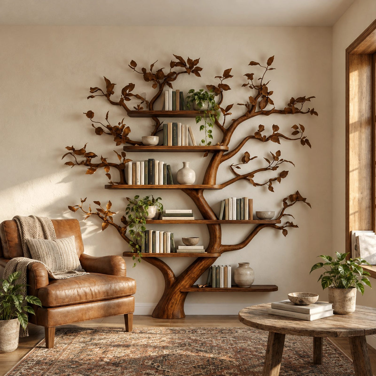 Rustic Tree Wall Mounted Bookshelf With Branch Shelves For Living Room