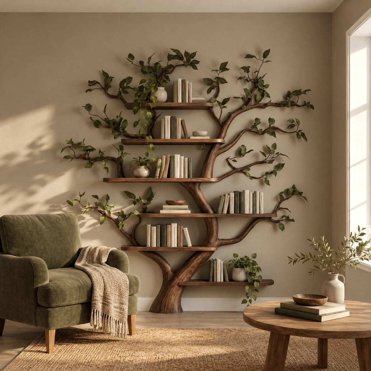 Rustic Tree Wall Mounted Bookshelf With Branch Shelves For Living Room