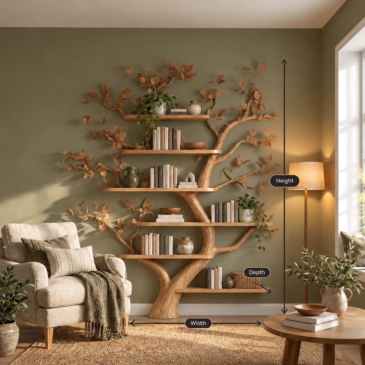 Rustic Tree Wall Mounted Bookshelf With Branch Shelves For Living Room
