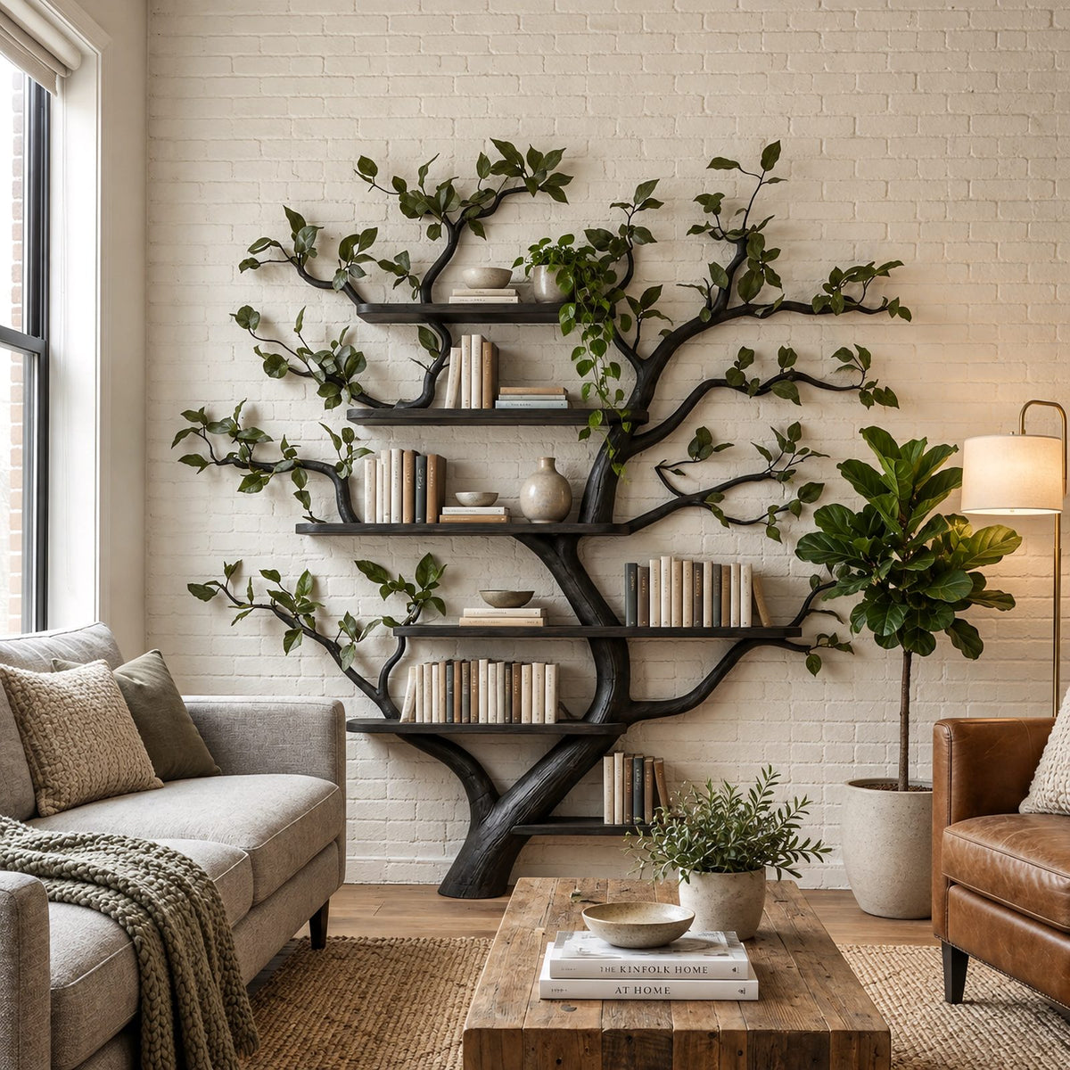 Rustic Tree Wall Mounted Bookshelf With Branch Shelves For Living Room