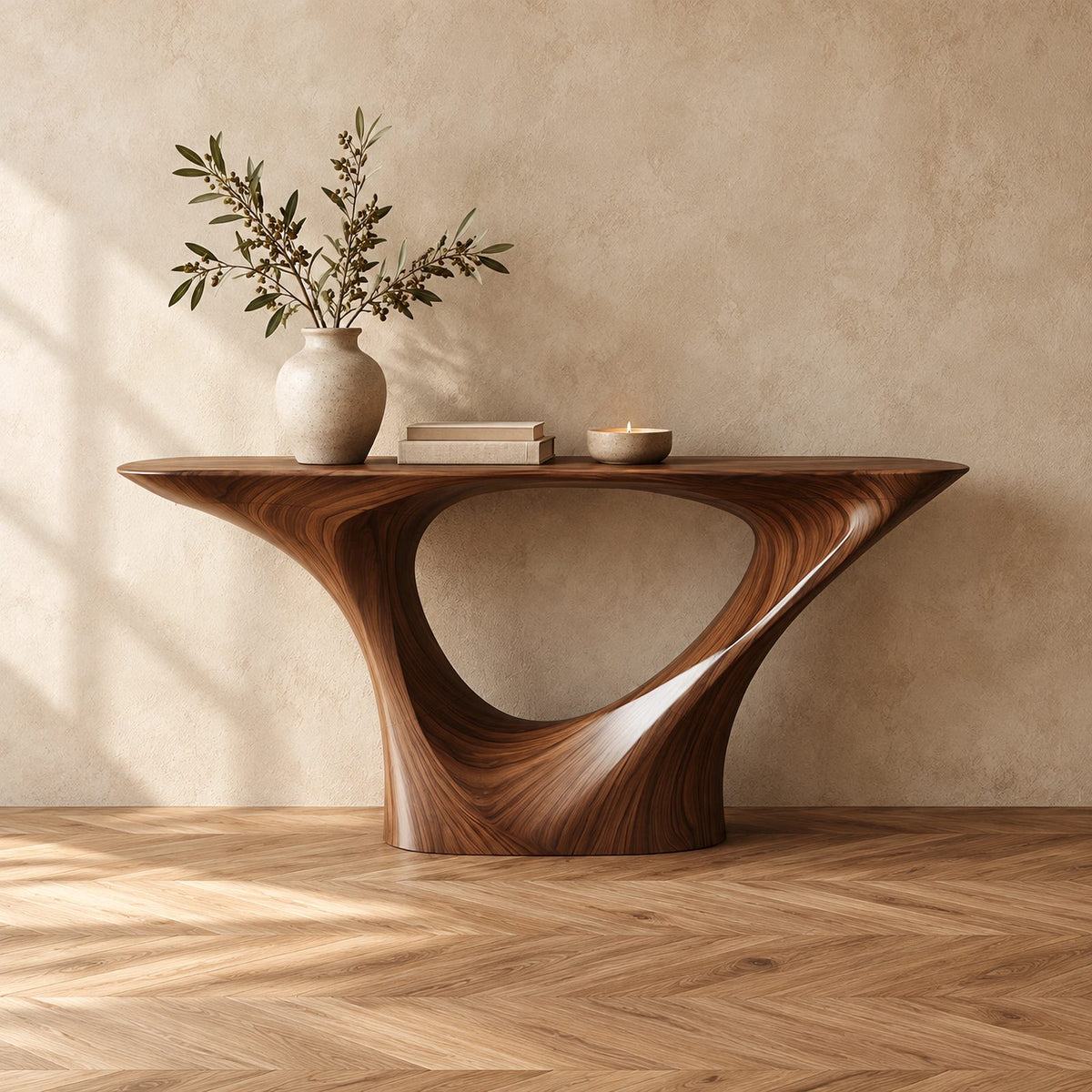Sleek Sculptural Pedestal Console Table With Oval Cutout For Entryway