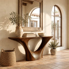 Sleek Sculptural Pedestal Console Table With Oval Cutout For Entryway