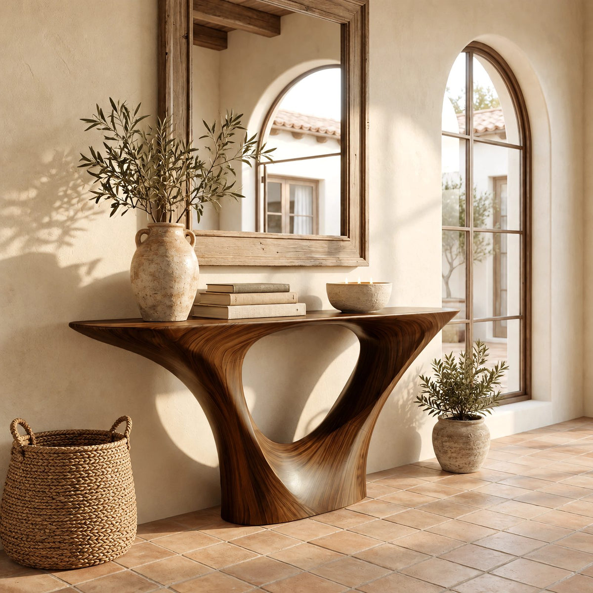 Sleek Sculptural Pedestal Console Table With Oval Cutout For Entryway