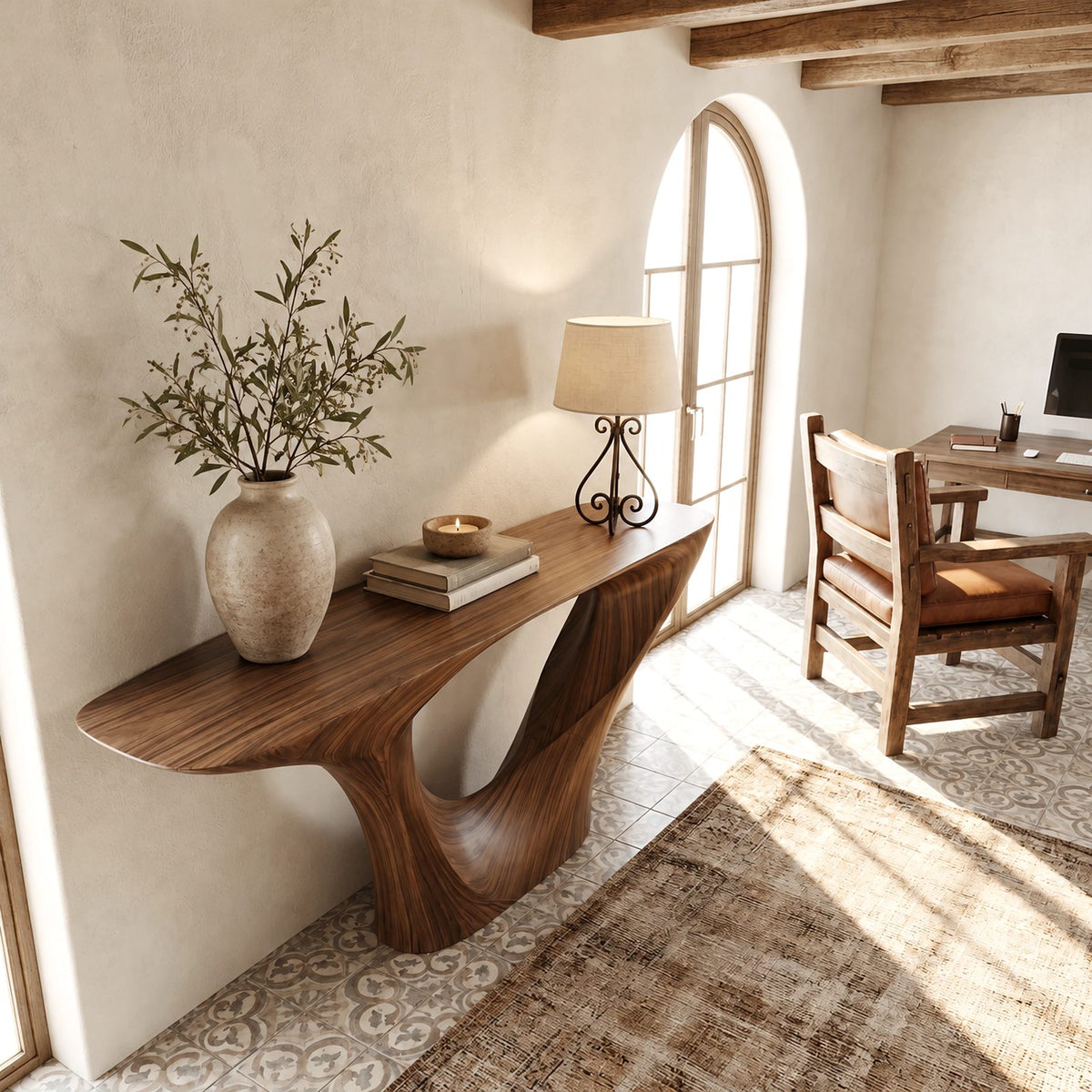Sleek Sculptural Pedestal Console Table With Oval Cutout For Entryway