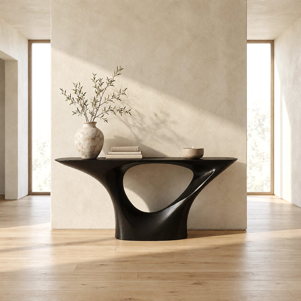 Sleek Sculptural Pedestal Console Table With Oval Cutout For Entryway