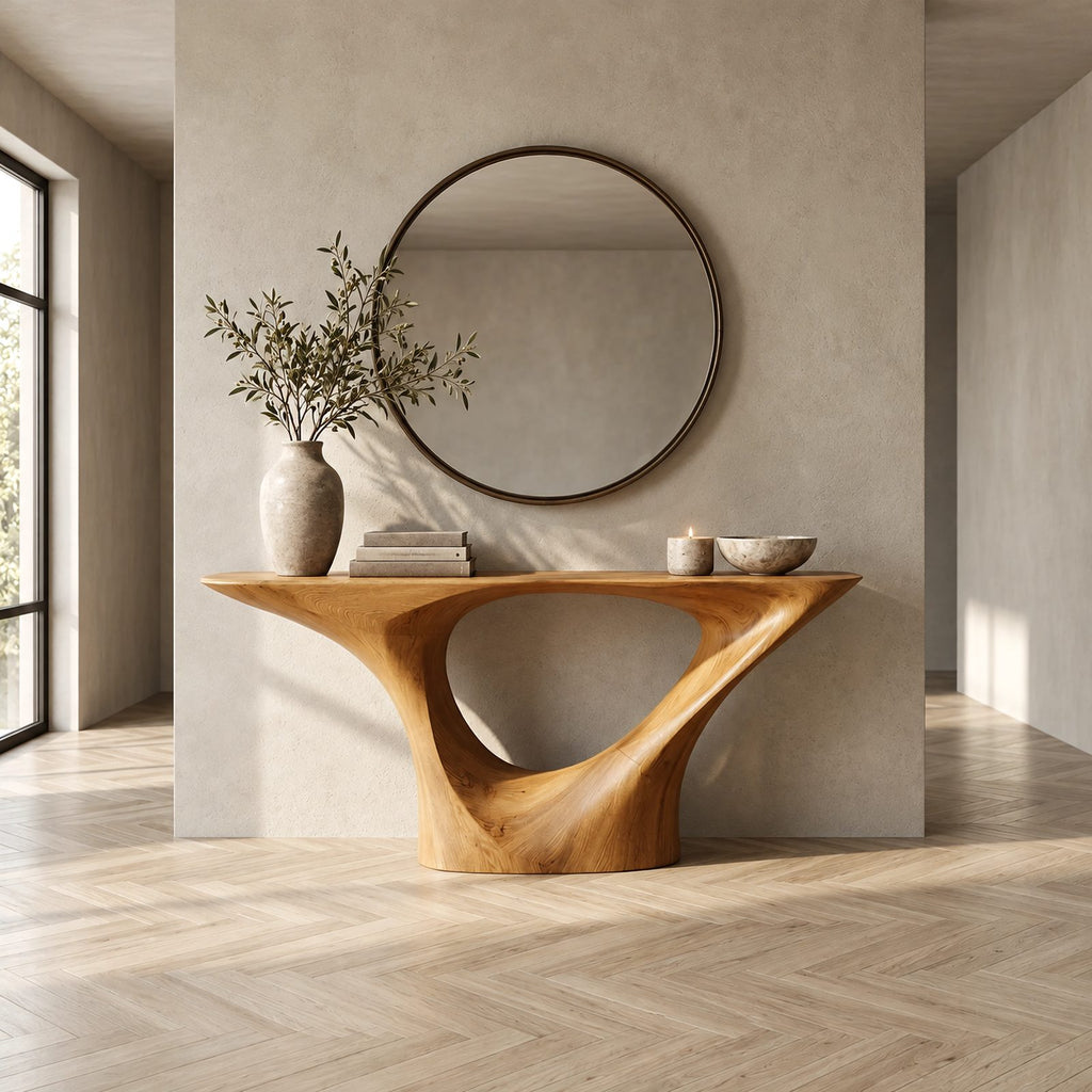 Sleek Sculptural Pedestal Console Table With Oval Cutout For Entryway