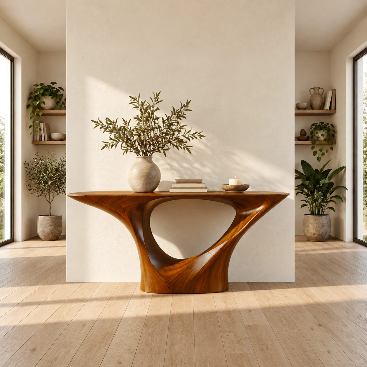 Sleek Sculptural Pedestal Console Table With Oval Cutout For Entryway