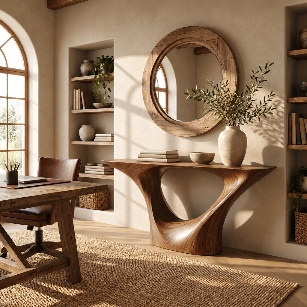Sleek Sculptural Pedestal Console Table With Oval Cutout For Entryway