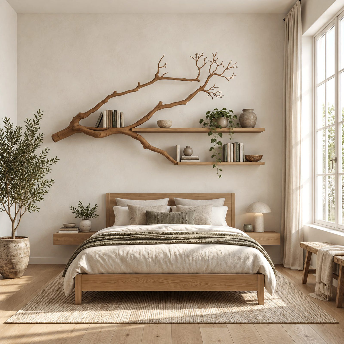 Minimalist Tree Branch Wall Shelf With 2 Floating Shelves For Bedroom