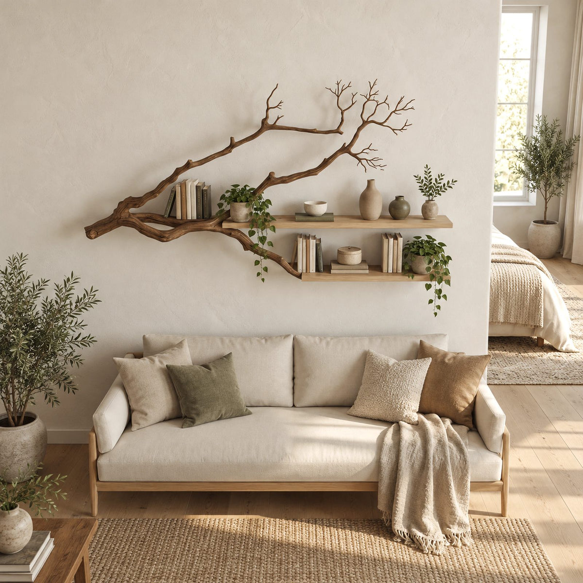 Minimalist Tree Branch Wall Shelf With 2 Floating Shelves For Bedroom