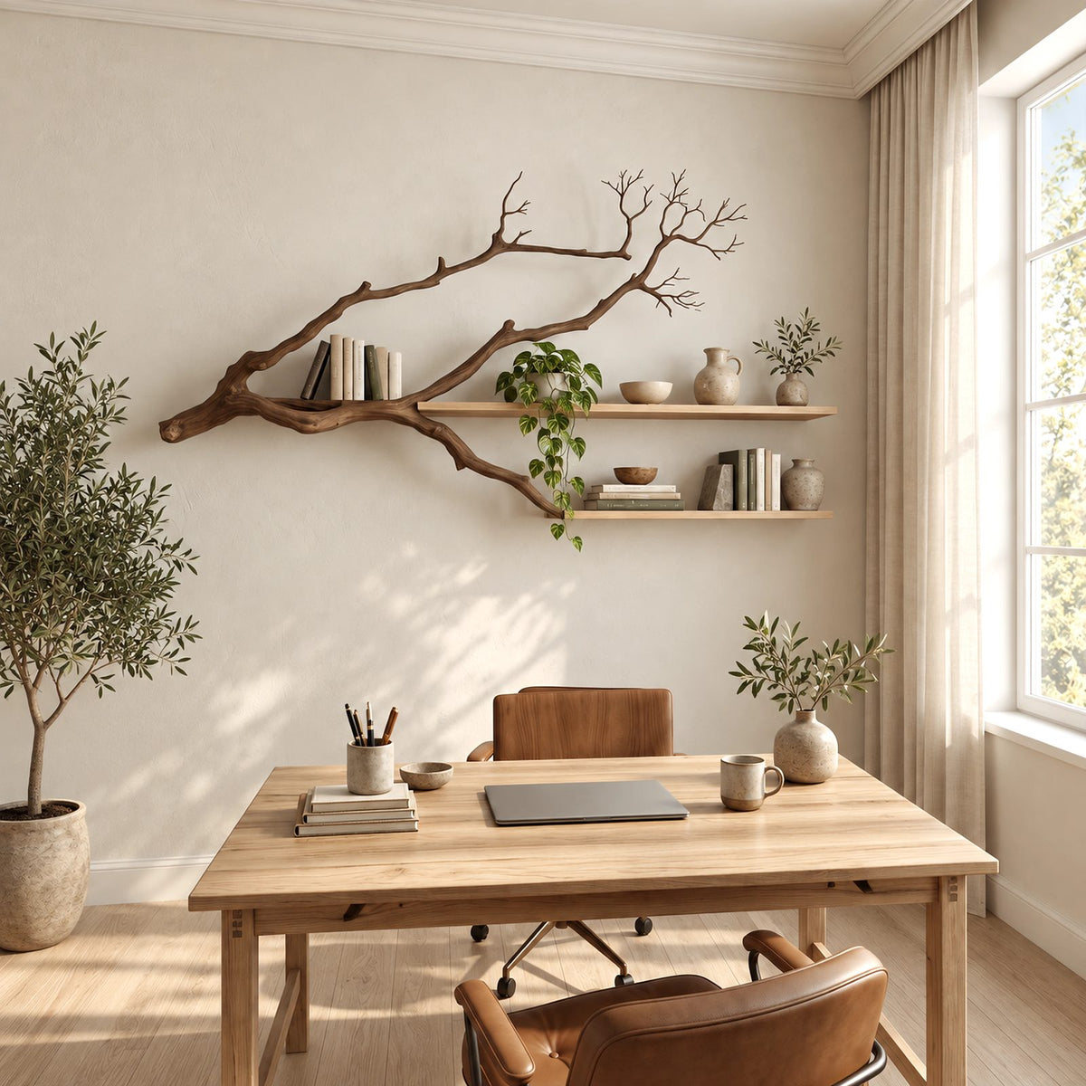 Minimalist Tree Branch Wall Shelf With 2 Floating Shelves For Bedroom