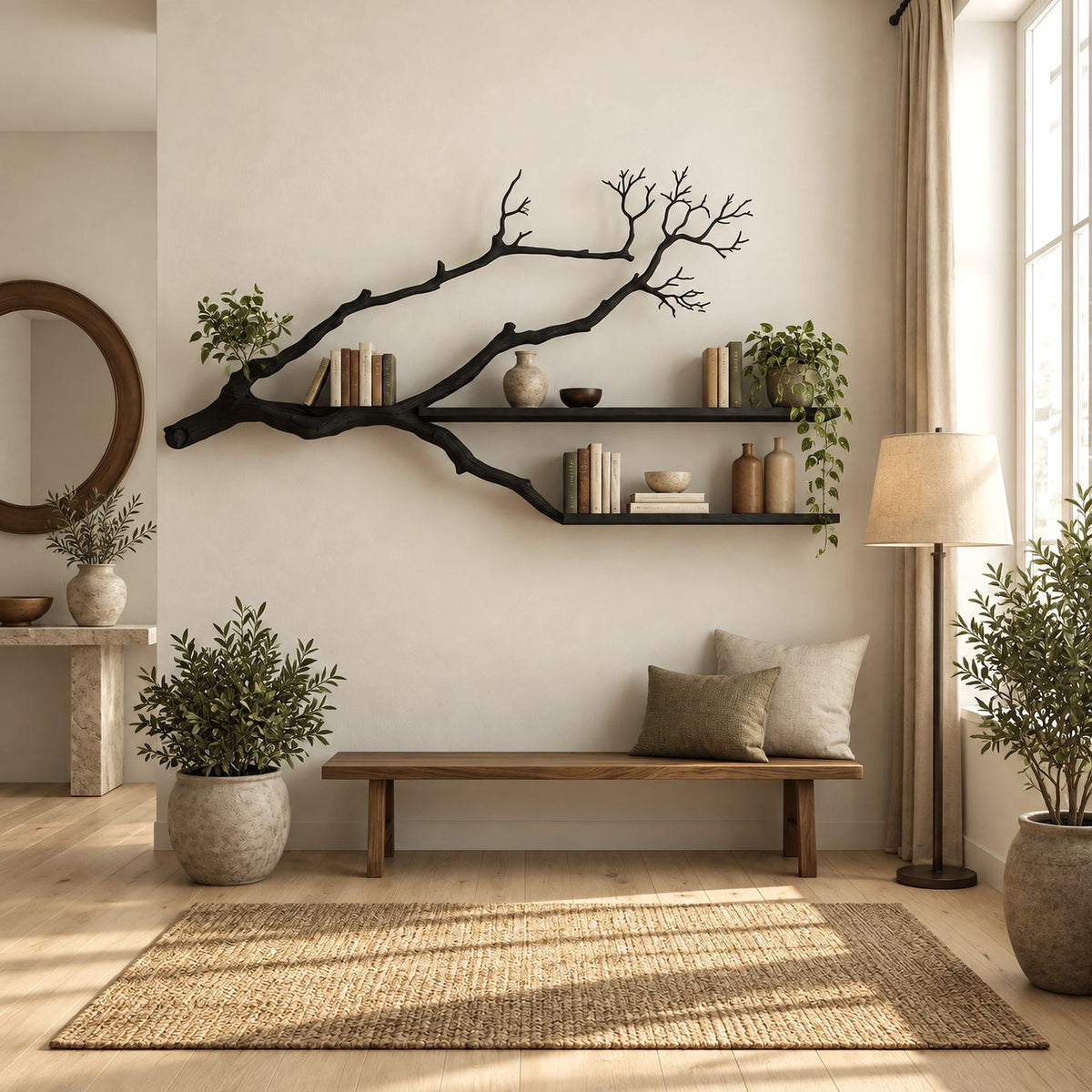Minimalist Tree Branch Wall Shelf With 2 Floating Shelves For Bedroom