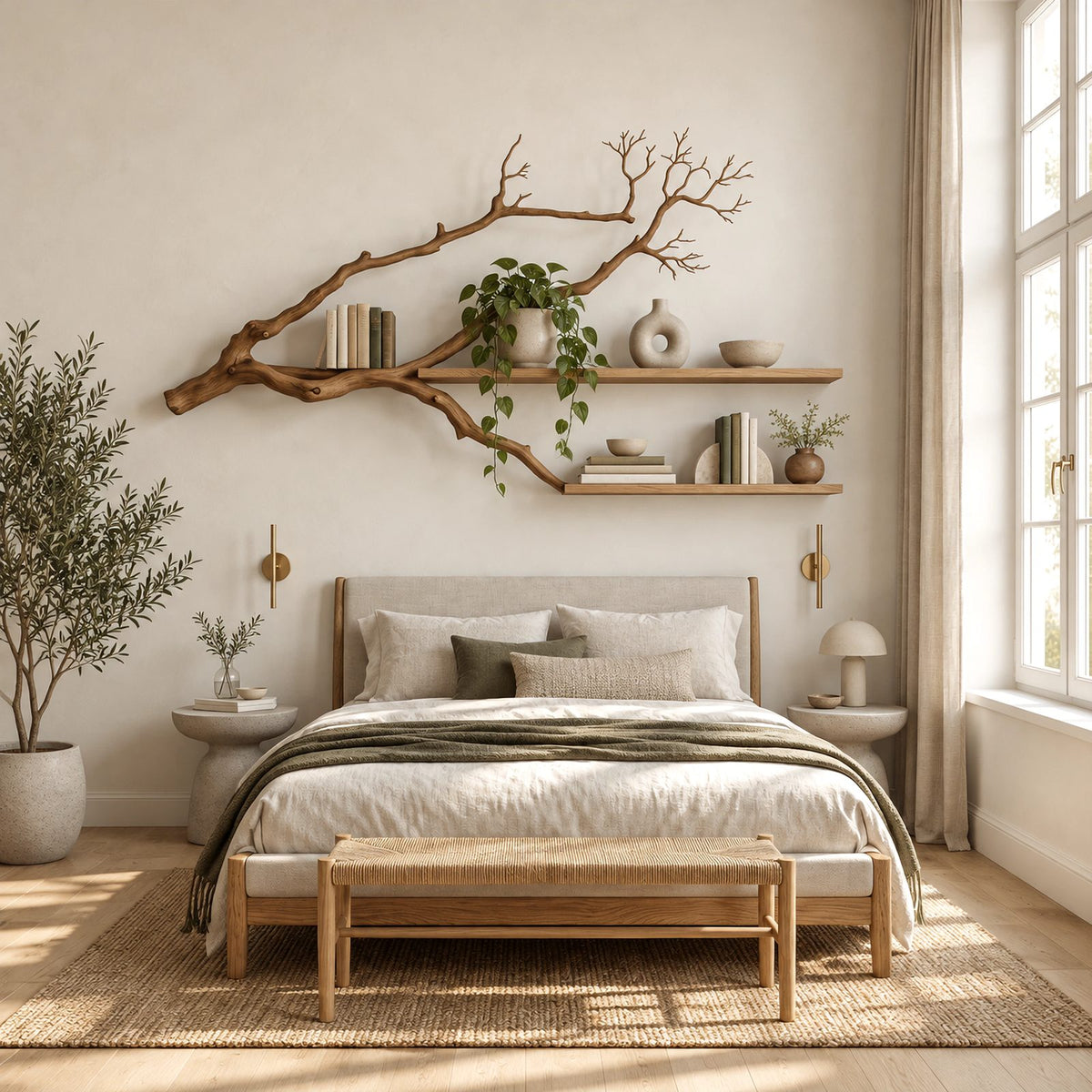 Minimalist Tree Branch Wall Shelf With 2 Floating Shelves For Bedroom