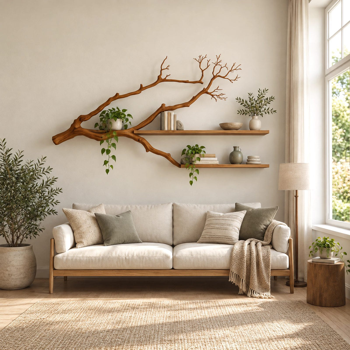Minimalist Tree Branch Wall Shelf With 2 Floating Shelves For Bedroom