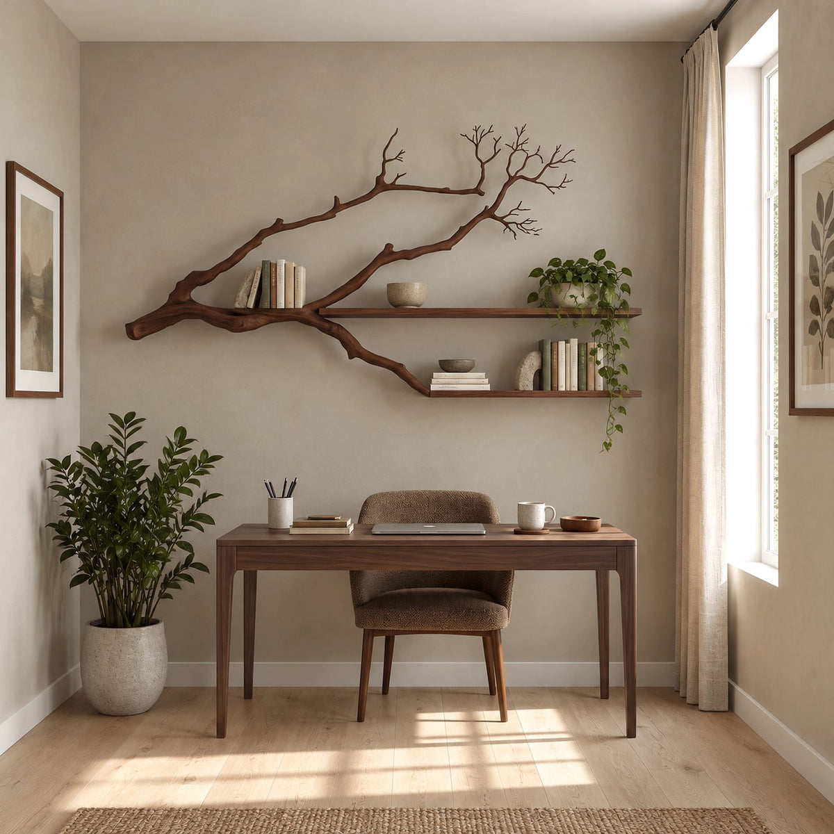 Minimalist Tree Branch Wall Shelf With 2 Floating Shelves For Bedroom