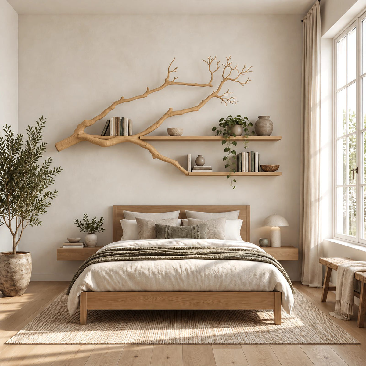 Minimalist Tree Branch Wall Shelf With 2 Floating Shelves For Bedroom