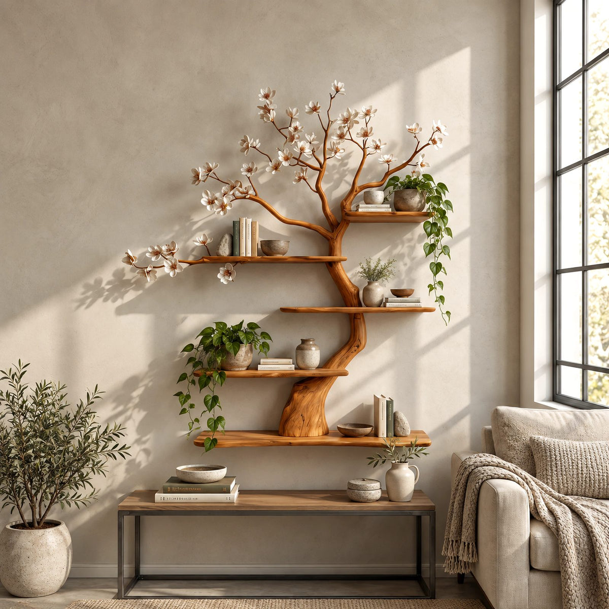 Japandi Blossom Tree Wall Bookshelf With Floating Branch Shelves