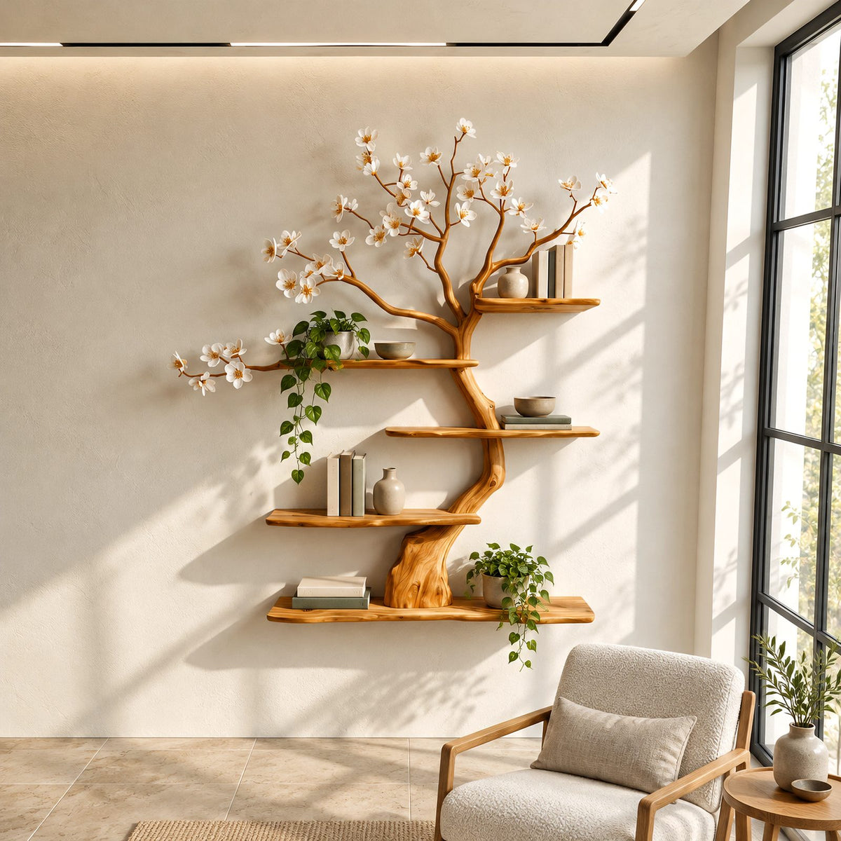 Japandi Blossom Tree Wall Bookshelf With Floating Branch Shelves