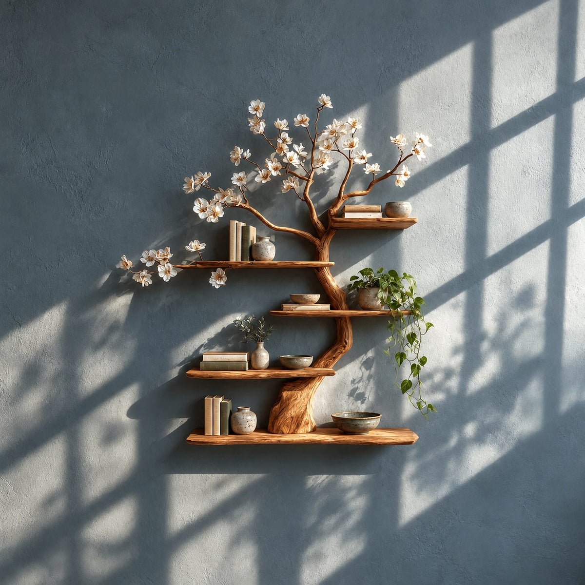 Japandi Blossom Tree Wall Bookshelf With Floating Branch Shelves