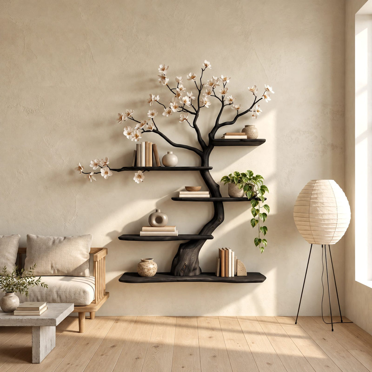 Japandi Blossom Tree Wall Bookshelf With Floating Branch Shelves