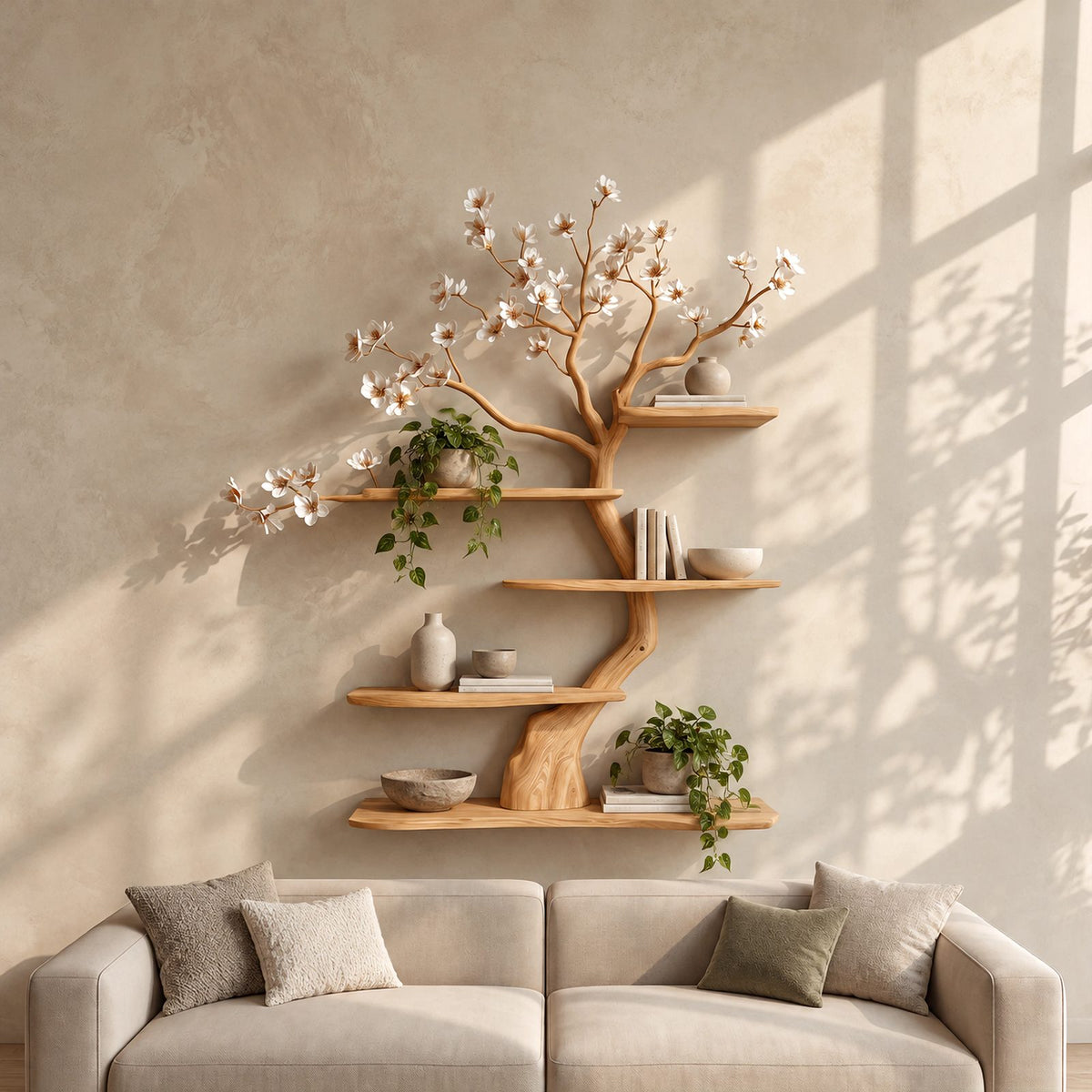 Japandi Blossom Tree Wall Bookshelf With Floating Branch Shelves