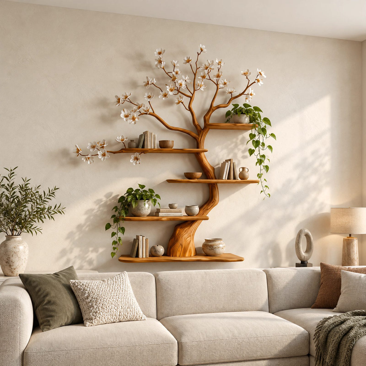Japandi Blossom Tree Wall Bookshelf With Floating Branch Shelves