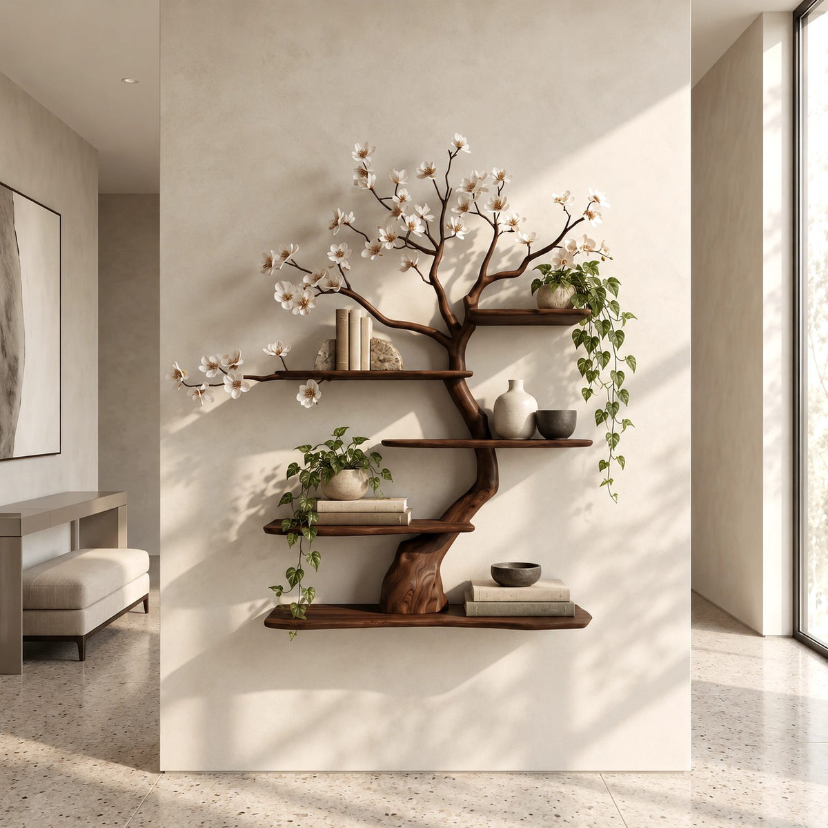Japandi Blossom Tree Wall Bookshelf With Floating Branch Shelves