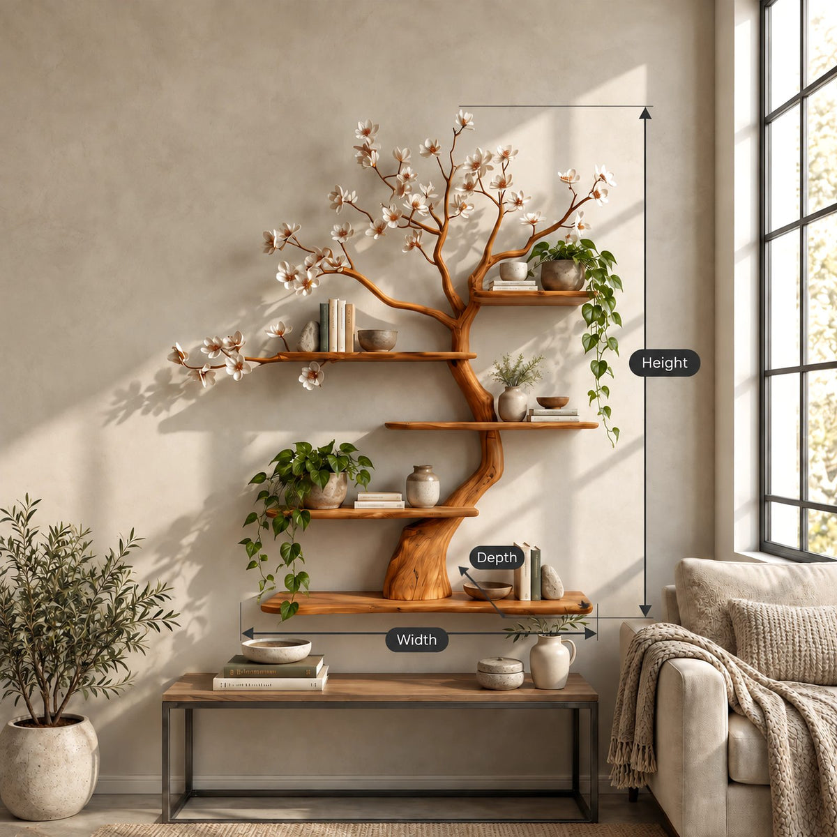 Japandi Blossom Tree Wall Bookshelf With Floating Branch Shelves