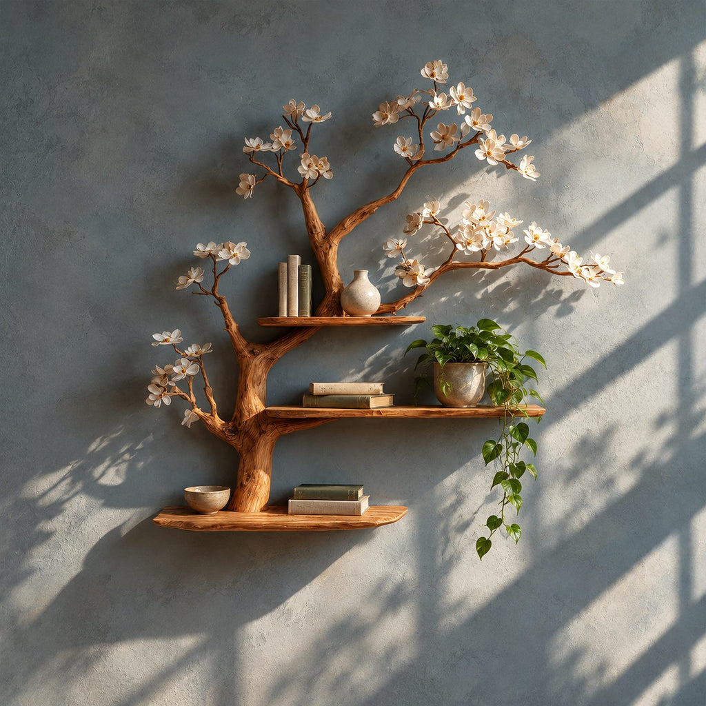 Organic Wooden Tree Wall Shelf With Spreading Blossom Branches For Bedroom
