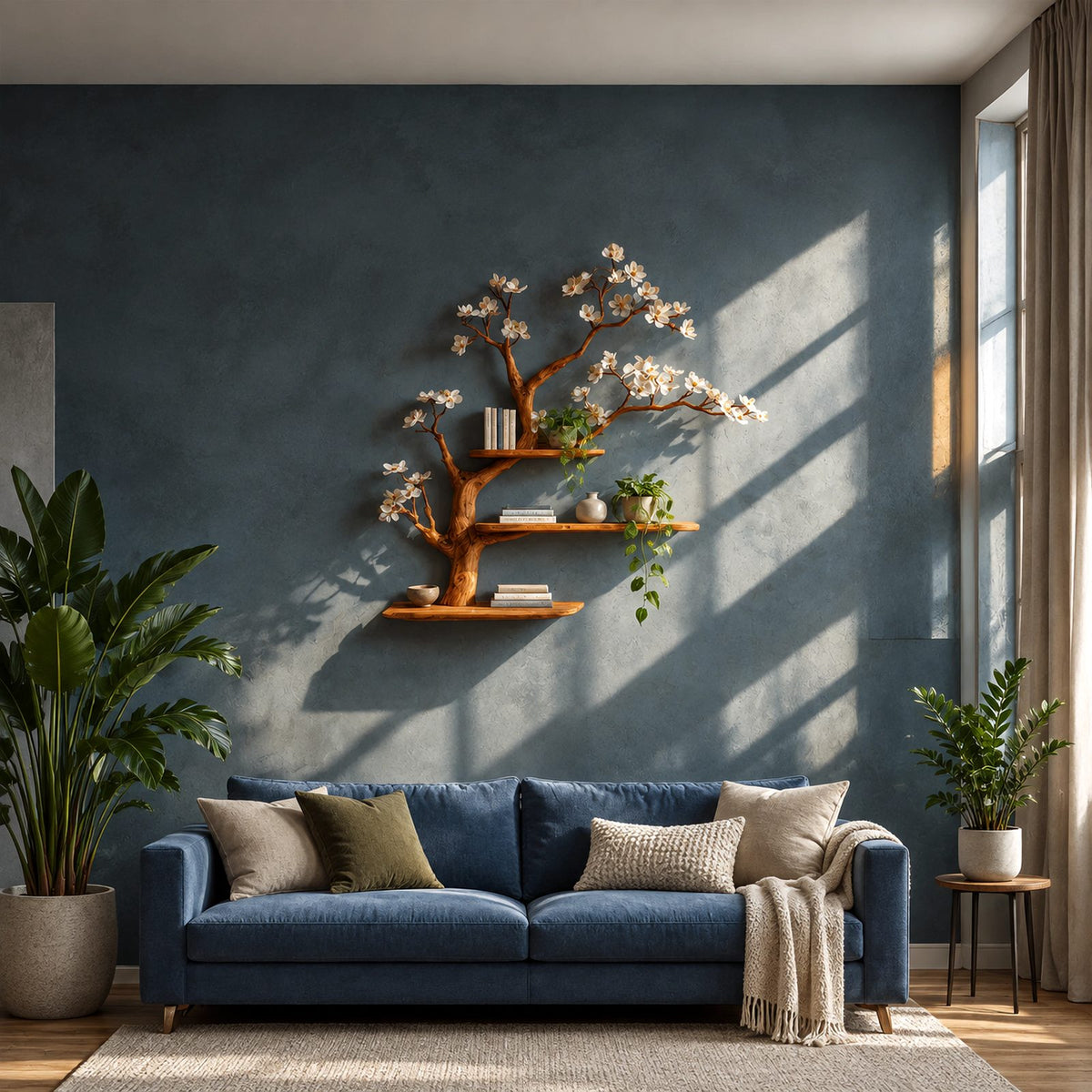 Organic Wooden Tree Wall Shelf With Spreading Blossom Branches For Bedroom