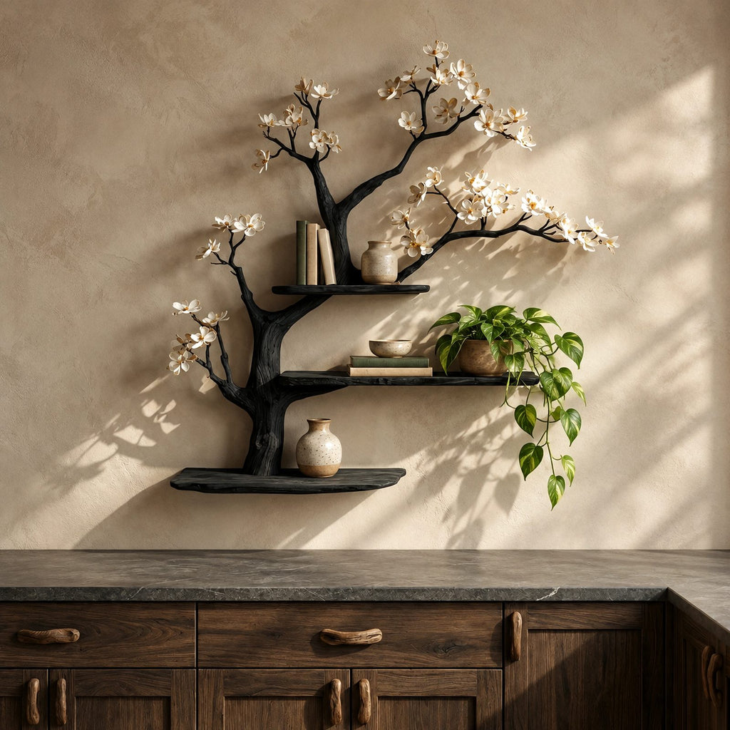 Organic Wooden Tree Wall Shelf With Spreading Blossom Branches For Bedroom