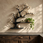 Organic Wooden Tree Wall Shelf With Spreading Blossom Branches For Bedroom
