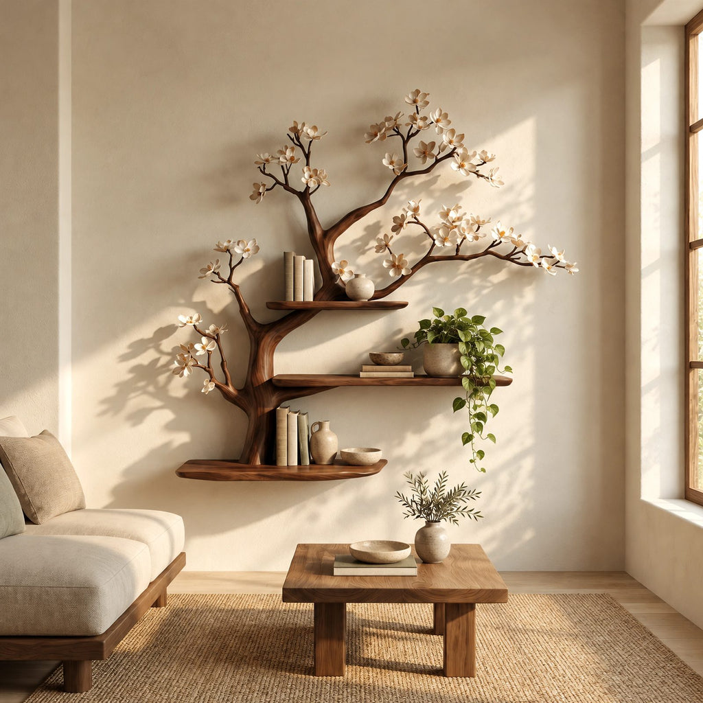 Organic Wooden Tree Wall Shelf With Spreading Blossom Branches For Bedroom
