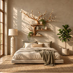Organic Wooden Tree Wall Shelf With Spreading Blossom Branches For Bedroom