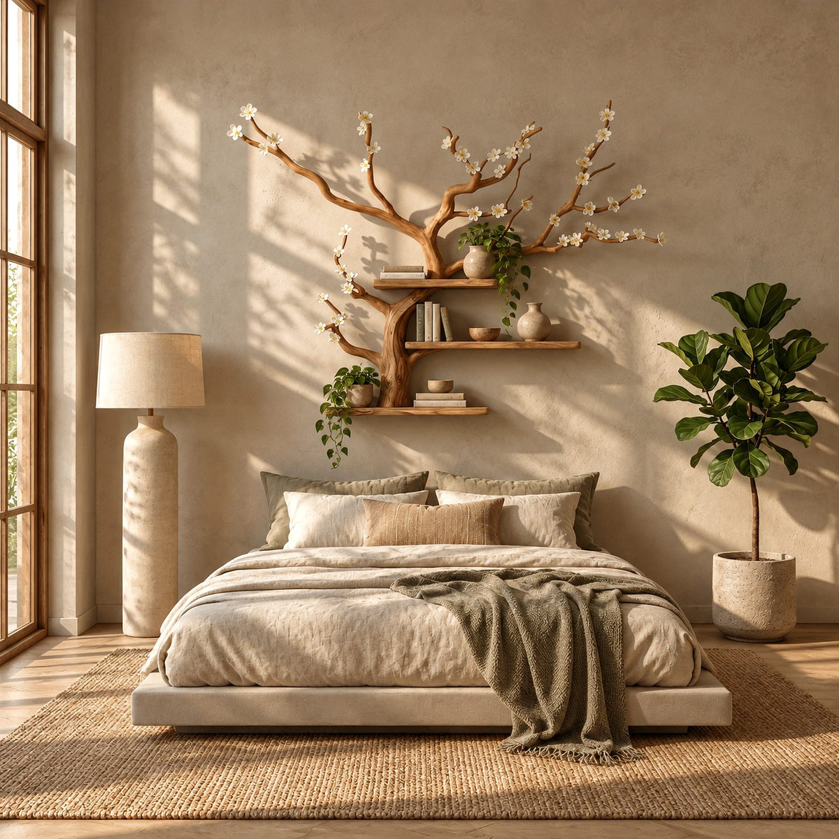 Organic Wooden Tree Wall Shelf With Spreading Blossom Branches For Bedroom