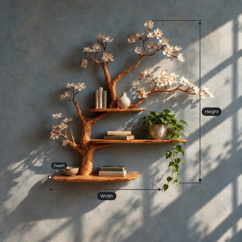 Organic Wooden Tree Wall Shelf With Spreading Blossom Branches For Bedroom