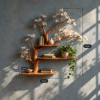 Organic Wooden Tree Wall Shelf With Spreading Blossom Branches For Bedroom