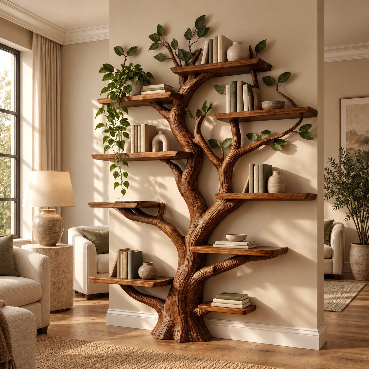 Farmhouse Solid Wood Tree Bookshelf With Live Edge Shelves For Home Office