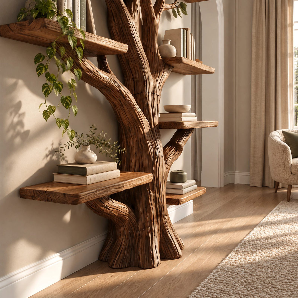 Farmhouse Solid Wood Tree Bookshelf With Live Edge Shelves For Home Office