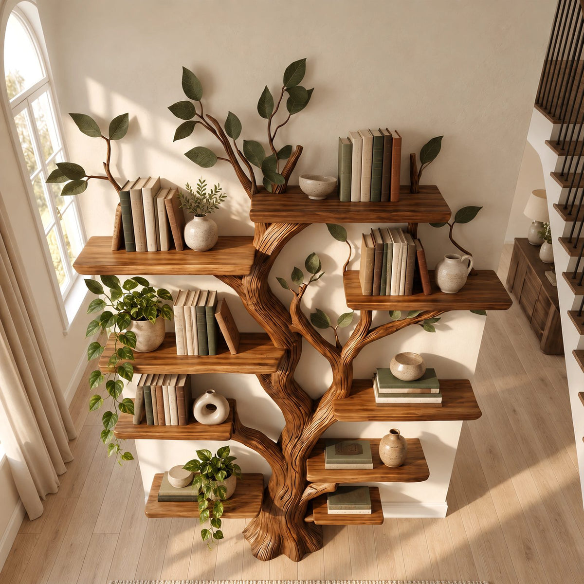 Farmhouse Solid Wood Tree Bookshelf With Live Edge Shelves For Home Office