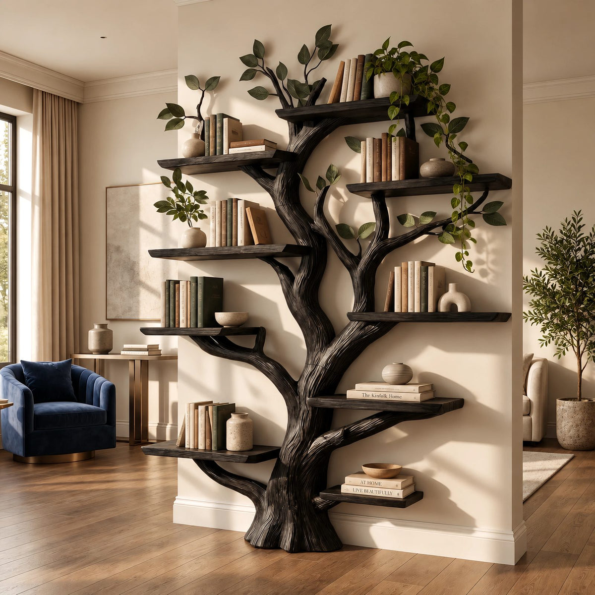 Farmhouse Solid Wood Tree Bookshelf With Live Edge Shelves For Home Office