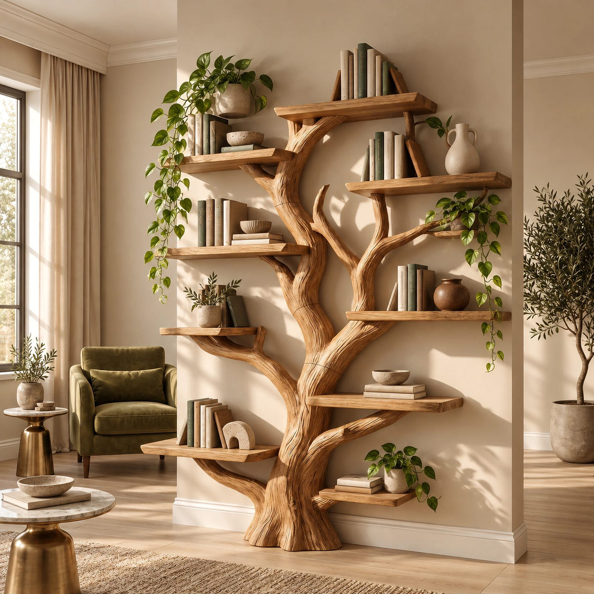 Farmhouse Solid Wood Tree Bookshelf With Live Edge Shelves For Home Office