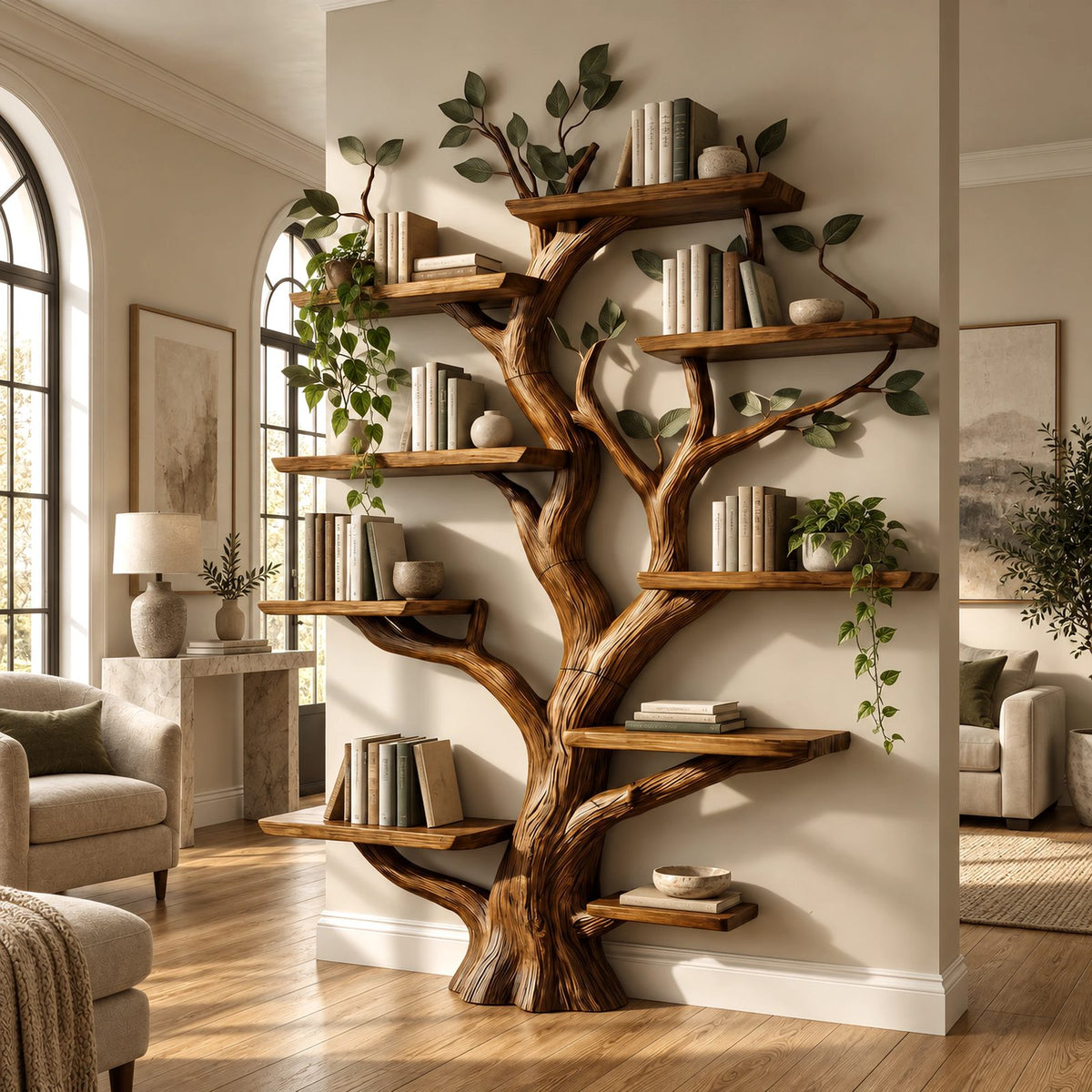 Farmhouse Solid Wood Tree Bookshelf With Live Edge Shelves For Home Office