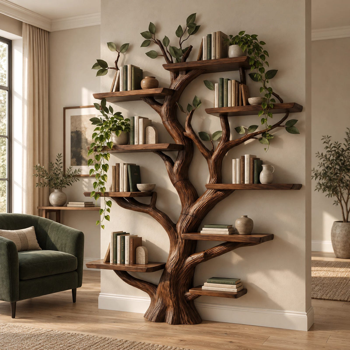 Farmhouse Solid Wood Tree Bookshelf With Live Edge Shelves For Home Office