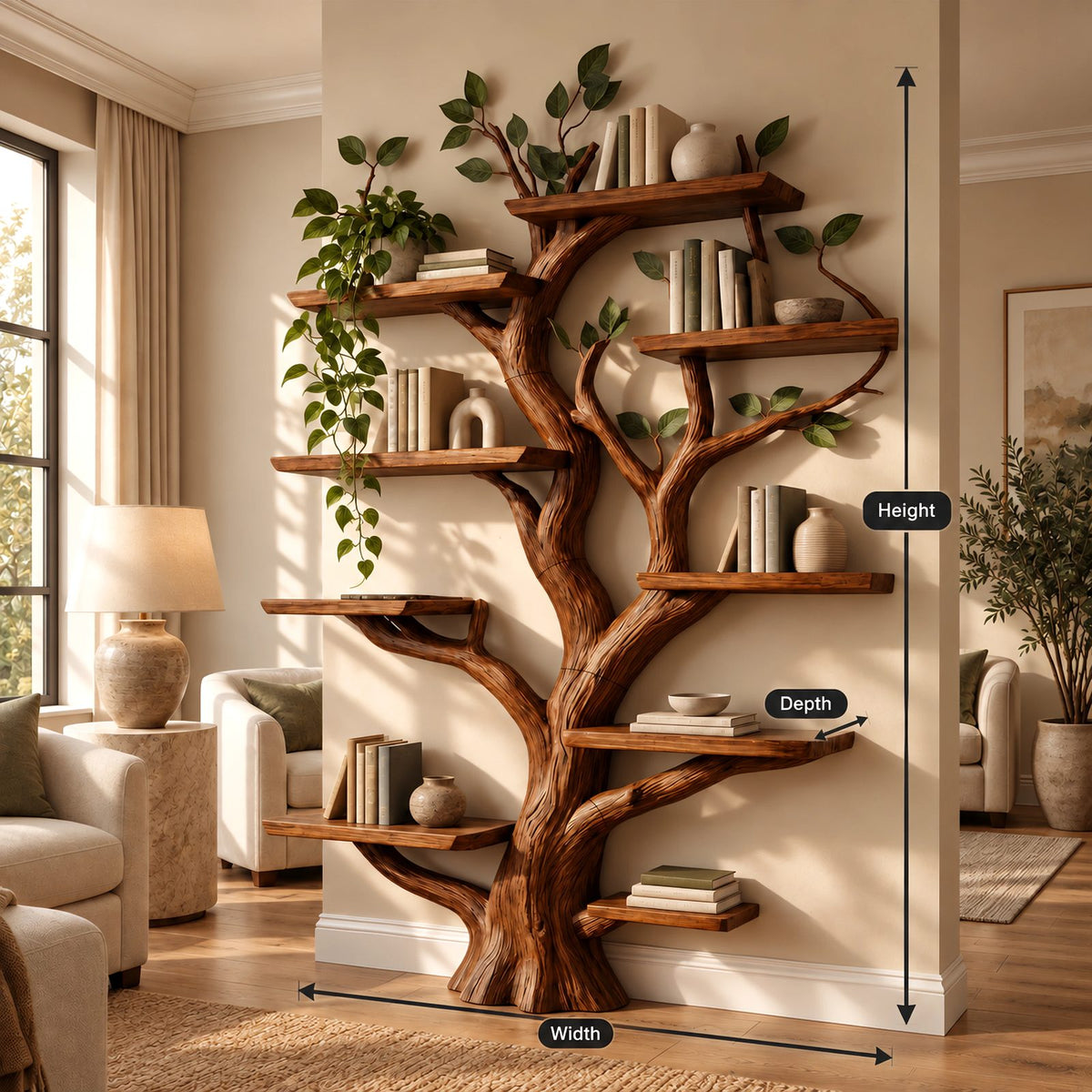 Farmhouse Solid Wood Tree Bookshelf With Live Edge Shelves For Home Office